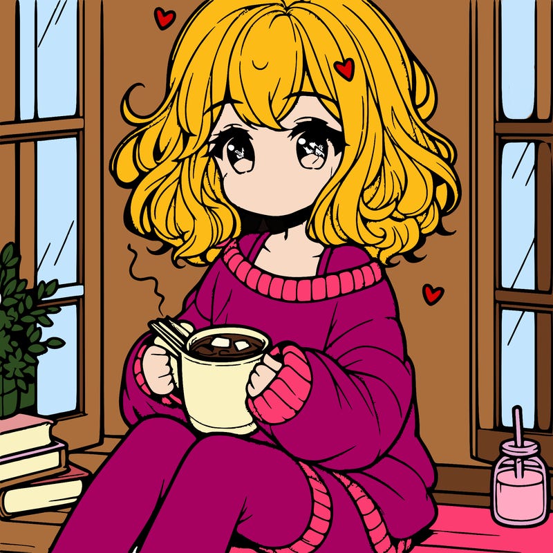 cute anime girl reading book and drinking hot chocolate from mug with loose wavy hair wearing a baggy sweatshirt and shorts sitting by windowsill looking out
