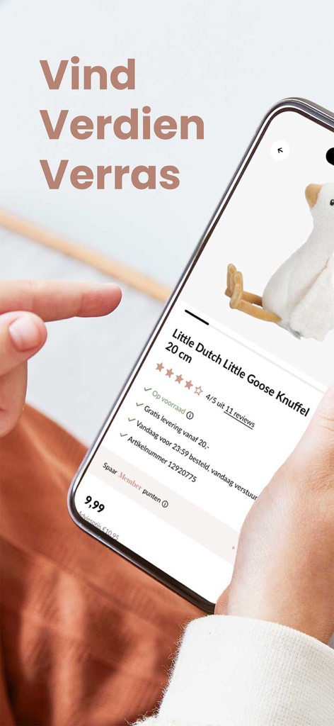 Ein Smartphone-Bildschirm, der eine Produktseite für ein Kuscheltier von Little Dutch in der Baby-Ausstattung-Shopping-App Babypark anzeigt