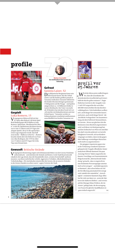 Página de la revista digital de la aplicación profil ePaper que muestra artículos e imágenes de periodismo de investigación en alemán