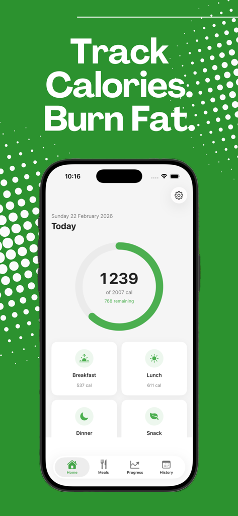 Calorie Tracker: Macros & Diet - Daily calorie tracker dashboard with a circular progress ring and sections for breakfast lunch dinner and snacks