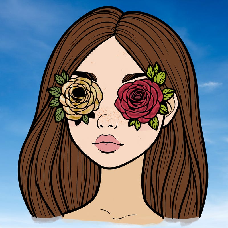 a realistic girl with roses for eyes