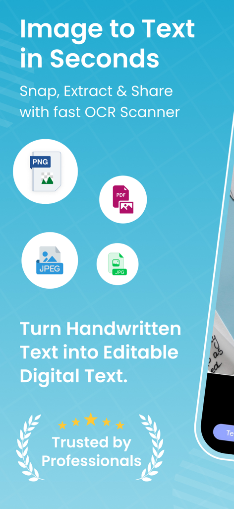 Image to Text: PDF Scanner App - OCRスキャナーアプリを使用して、手書きのテキストを編集可能なデジタルテキストに変換する方法を示す機能イラスト。