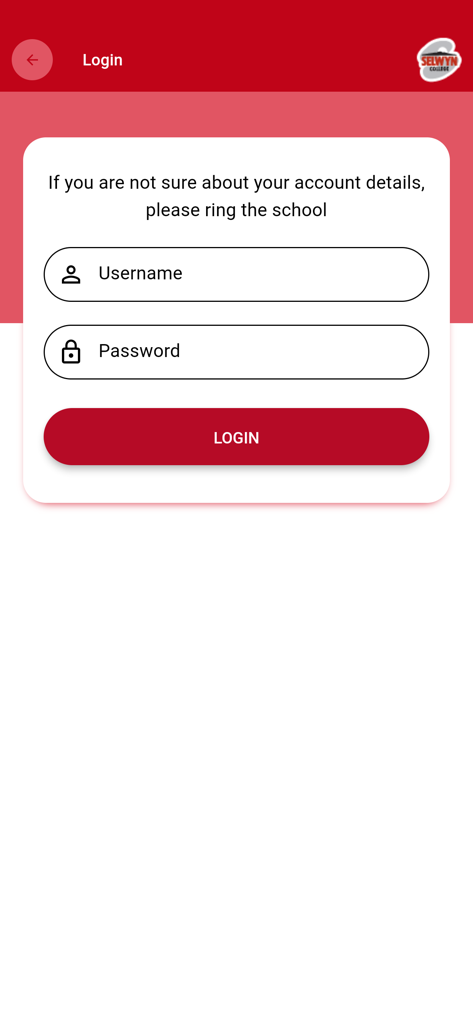 Login screen for the Selwyn College mobile app with username and password input fields