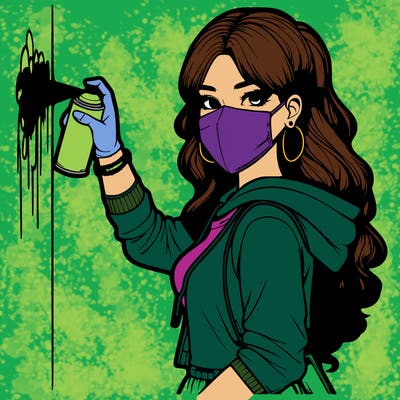 realistic girl with mask spray painting a wall