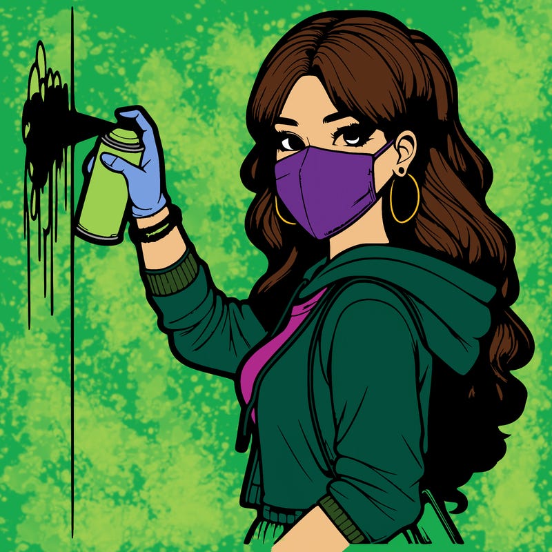 realistic girl with mask spray painting a wall