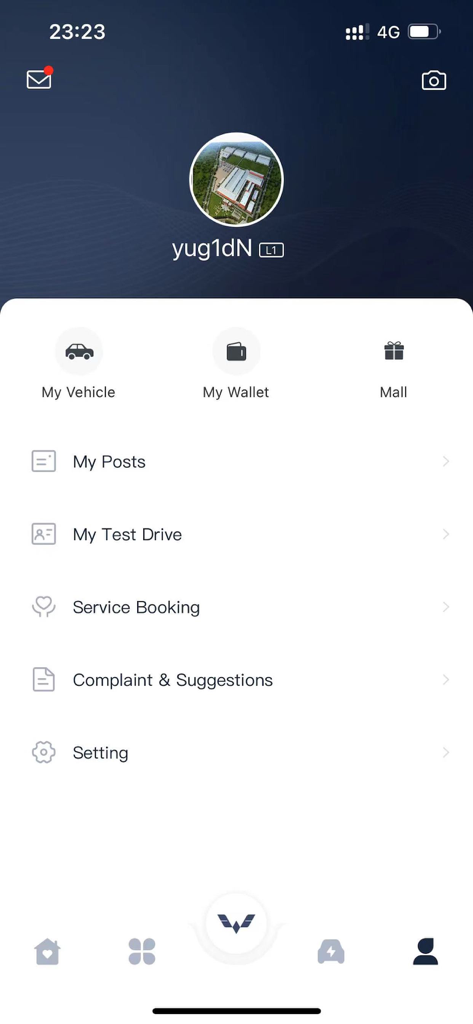 My WULING + - Interfaccia del profilo utente dell'app My Wuling plus che mostra opzioni dell'account e funzioni di prenotazione servizi