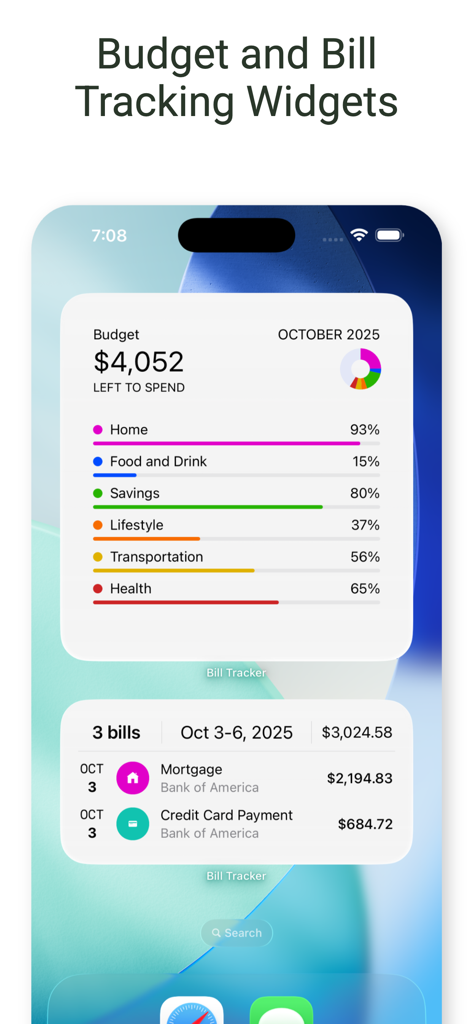 Bill Tracker Pro - iPhone screen showing Bill Tracker Pro budget and upcoming bill tracking widgets