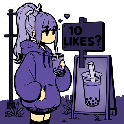 girl with oversized hoodie drinking boba and she has a high ponytail with a sign that says 10likes?