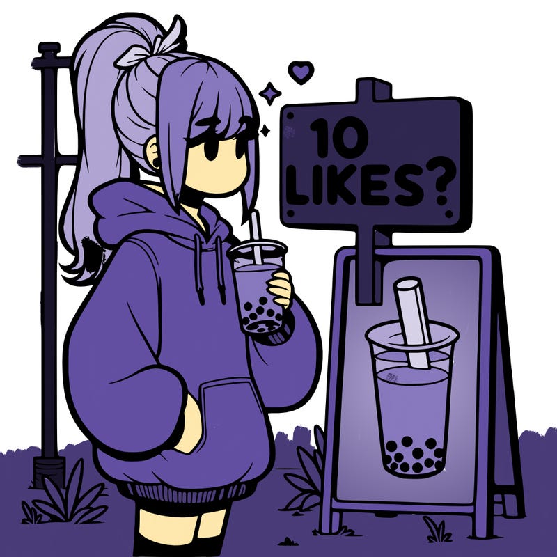 girl with oversized hoodie drinking boba and she has a high ponytail with a sign that says 10likes?