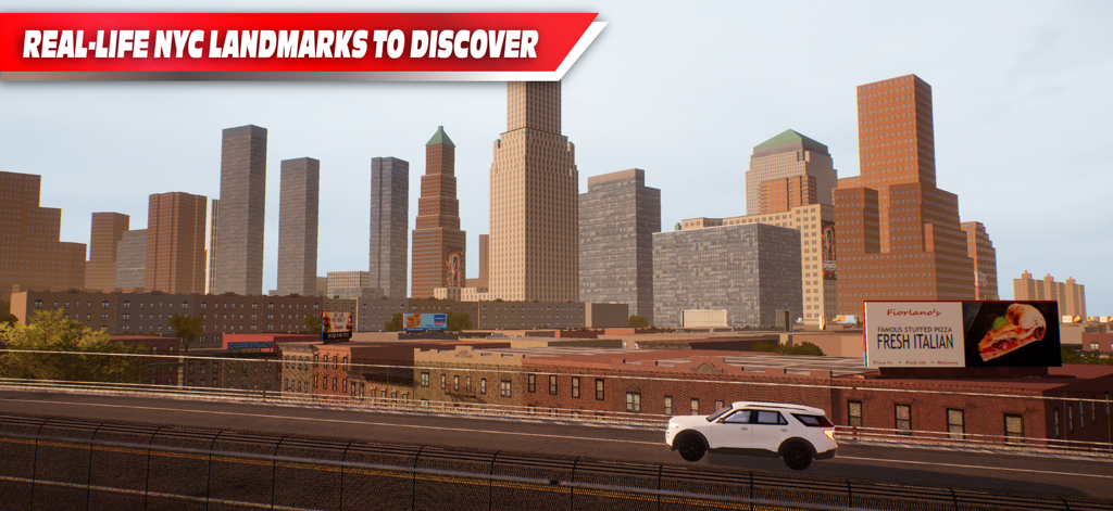 High-fidelity 3D rendering of New York City landmarks and urban skyline in a driving simulator