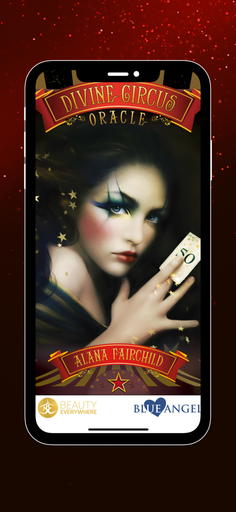 Divine Circus Oracle - Splash screen of the Divine Circus Oracle app by Alana Fairchild featuring a woman with artistic makeup holding a card