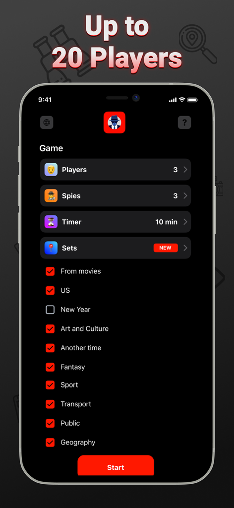 Spy - board card party game - Spy board party game setup screen showing player count settings and category selection for movies, art, and fantasy themes.