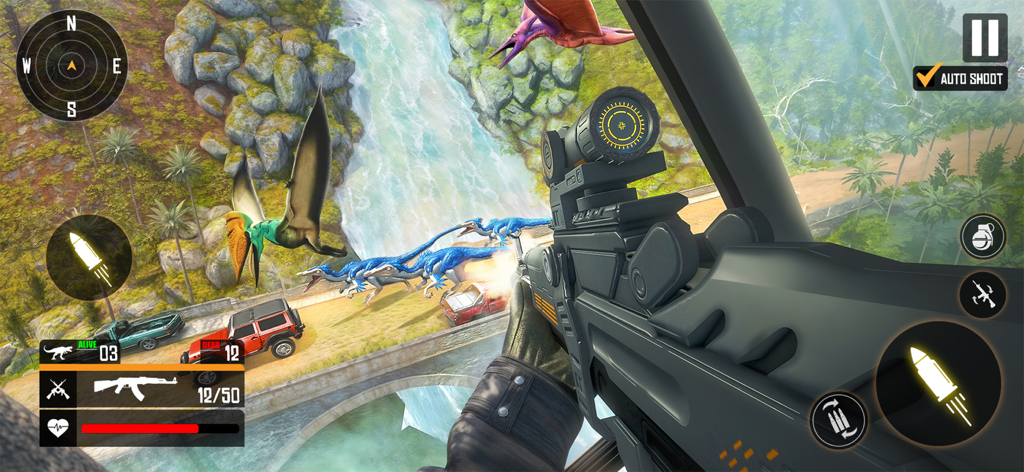 Carnivores Dino Hunter - Vista en primera persona de un cazador de dinosaurios apuntando un rifle a una manada de raptores en un puente cerca de una cascada