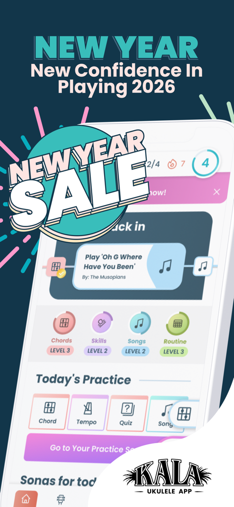 Ukulele Tuner & Lessons: Kala - Interfaz de la aplicación Kala Ukulele que muestra una promoción de rebajas de Año Nuevo y el progreso de práctica diaria de acordes y canciones