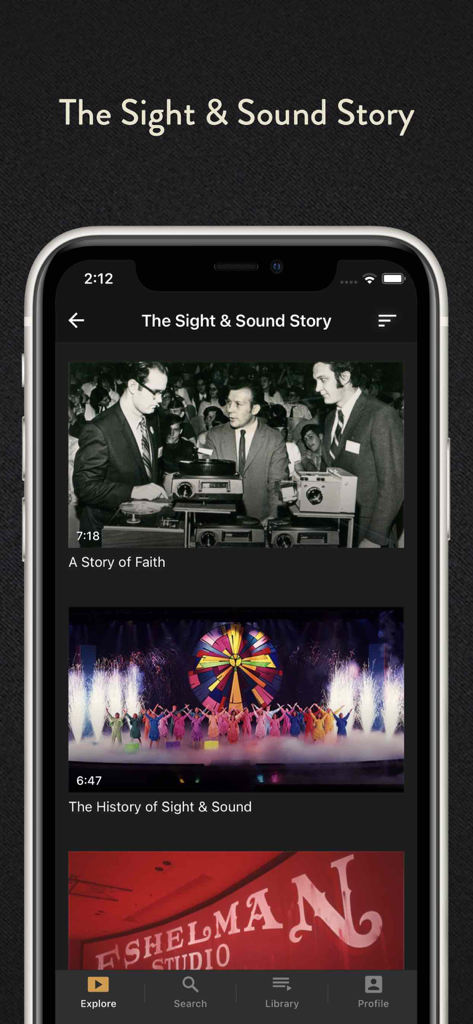 Sight and Sound TV app screen displaying documentary videos about the history and mission of the ministry.