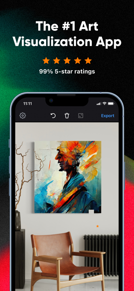 Smartist: Art Preview on Wall - Smartist app interface showing an abstract painting previewed on a wall above a leather chair