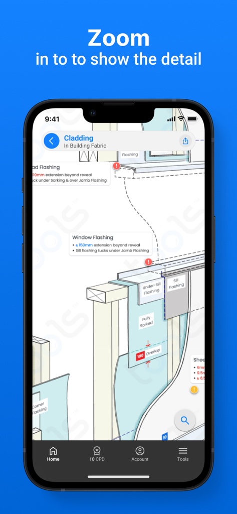Building Tools - Diagrama arquitectónico de sellado de ventanas y revestimiento en la aplicación Herramientas de Construcción.