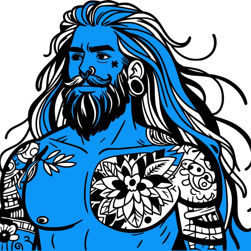 tattooed man with long hair and beard shirtless