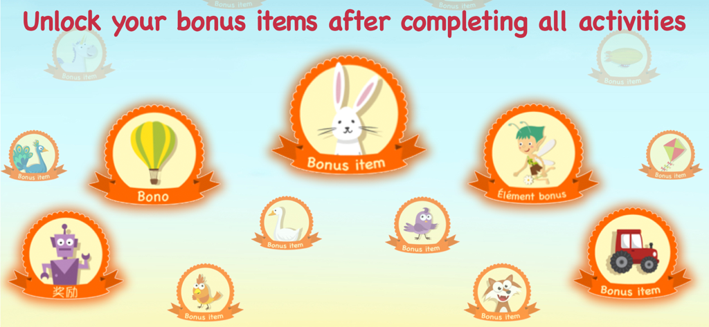 A screen showing unlockable bonus item rewards with cartoon characters in multiple languages.