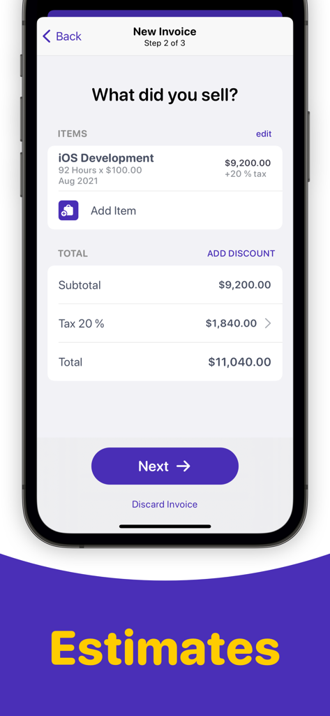 Invoice Maker +ㅤ - iPhone screen showing the item entry and total calculation for a new invoice or estimate