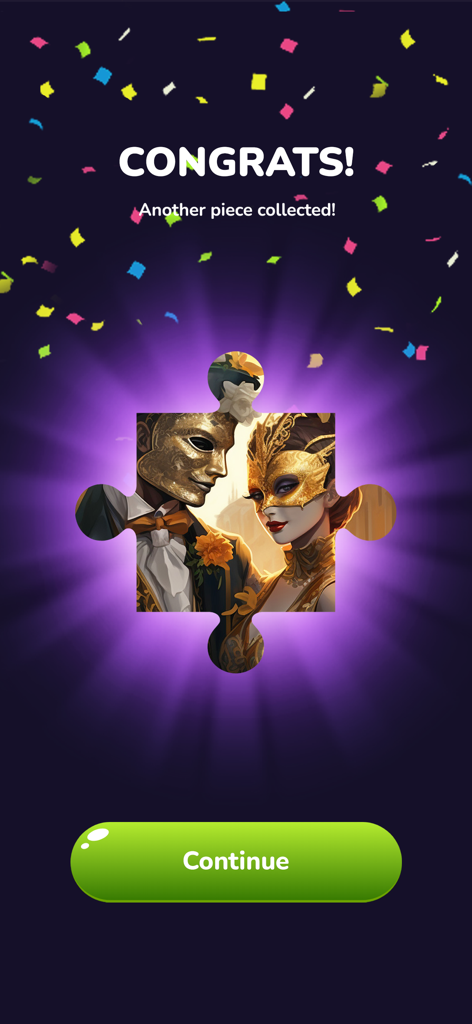 Uma mensagem de parabéns mostrando uma peça de quebra-cabeça coletada com arte de baile de máscaras e confetes