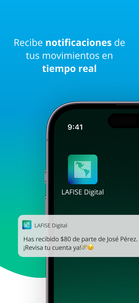 LAFISE Digital - Smartphone screen showing a real time transaction notification for a money transfer in the LAFISE Digital app