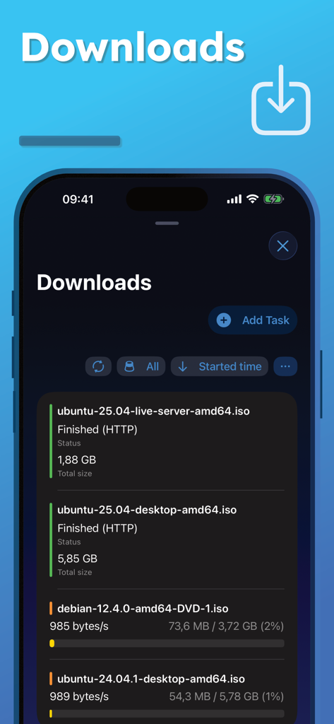 NAS Pro mobile app interface showing download management for server files and ISO downloads
