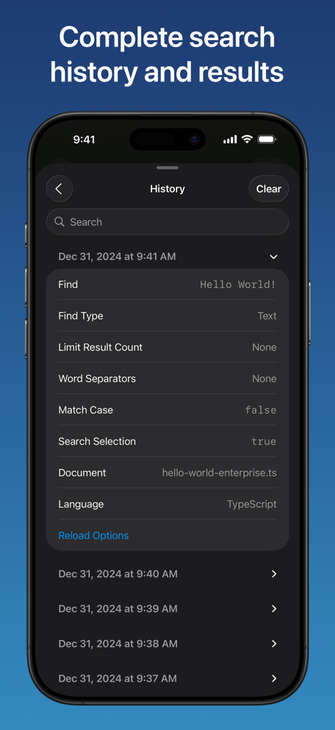 Combine - Code Editor & Git - Search history interface in the Combine code editor app showing detailed query parameters and history logs