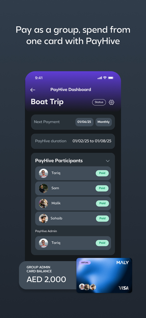Maly - Your Smart Money App - Maly app PayHive dashboard showing group participants and payment status for a shared boat trip expense.