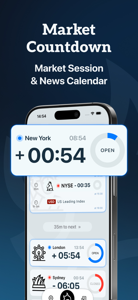 Market Countdown Times & News - Market Countdown app showing real time trading session timers for global markets