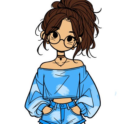 girl with a messy ponytail glasses a baggy crop top and jean shorts