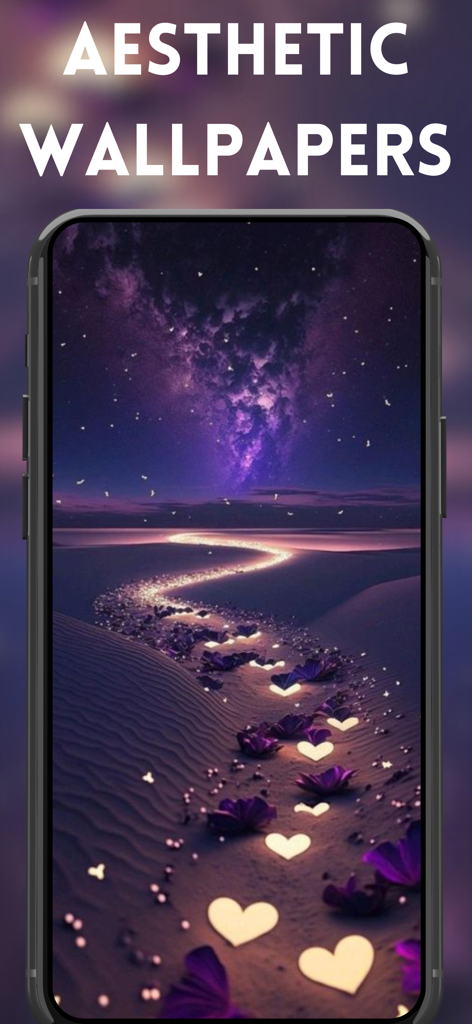 Aesthetic Live Wallpapers - Sonhador papel de parede estético roxo com um céu de galáxia e corações brilhantes em um caminho.