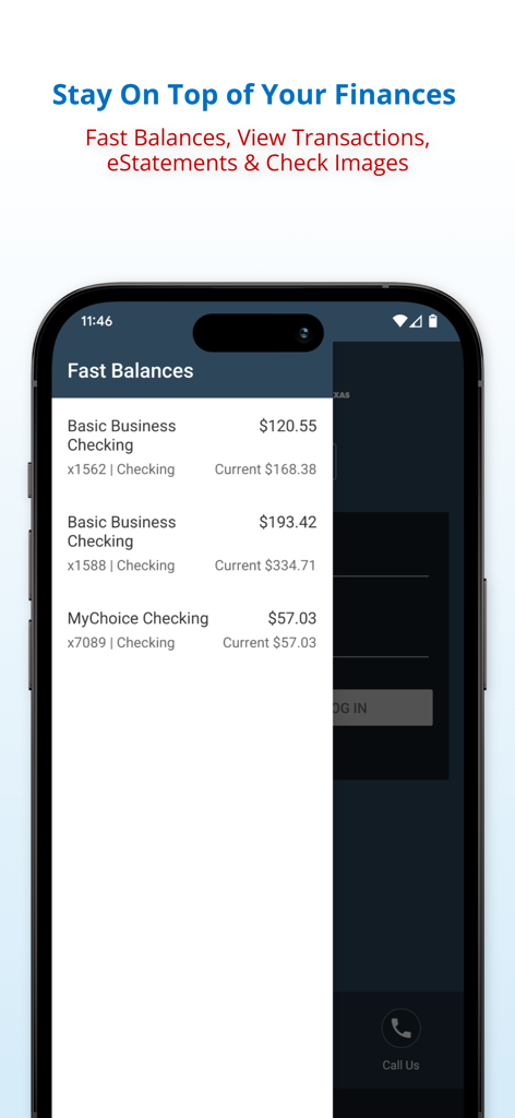 ANBTX Mobile Banking - ANBTX Mobile Banking app interface showing the Fast Balances screen with checking account totals.