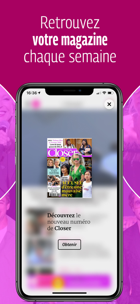 Closer – Actu et exclus People - Pantalla de teléfono inteligente que muestra el número semanal digital de la revista Closer con un botón de obtención.