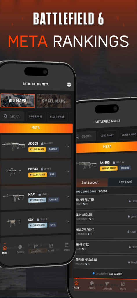 BF6  Meta - BF6 Meta App-Oberfläche zeigt wettbewerbsfähige Waffenranglisten und optimierte Loadouts für Battlefield 6