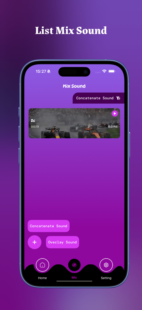 Doheto: Audio Editor - La pantalla de mezcla de sonido de la aplicación Doheto Audio Editor que muestra una lista de pistas y opciones para concatenar o superponer audio.