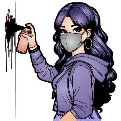 realistic girl with mask spray painting a wall