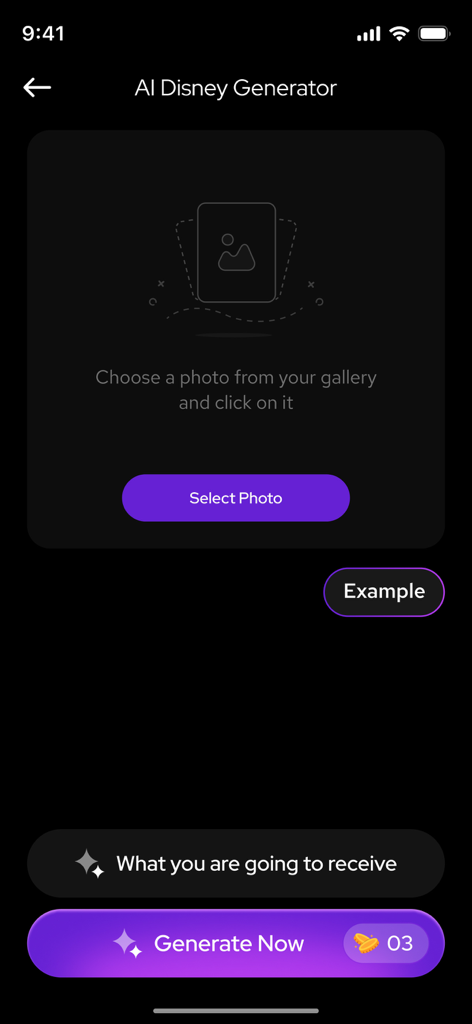 紫色のボタンが付いた写真選択画面が表示されているAIマッスルジェネレーターアプリのユーザーインターフェース