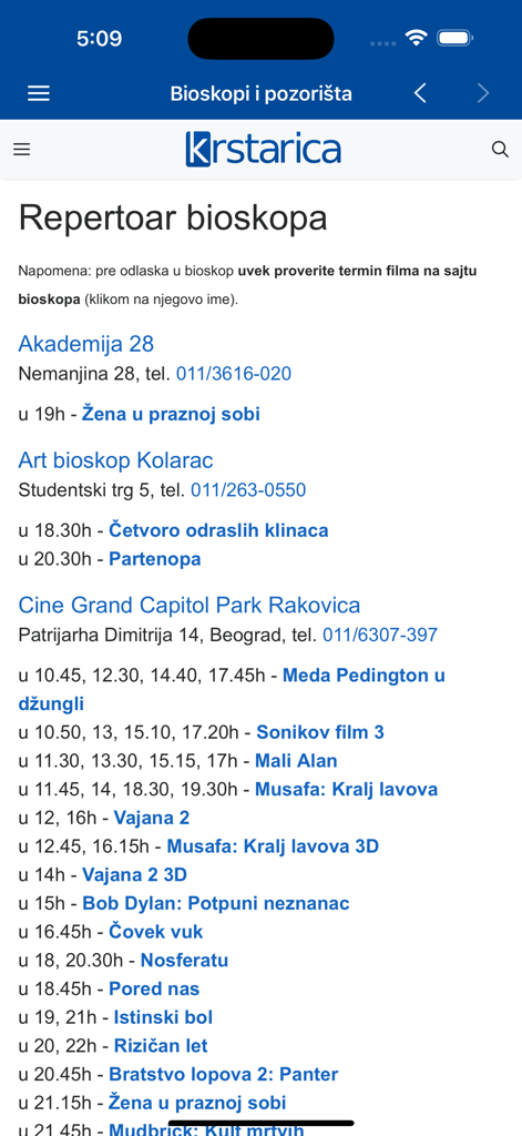 Krstarica forum, vesti, zabava - Pantalla de la aplicación móvil Krstarica que muestra la cartelera de cine y los horarios de las películas