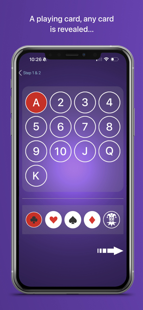 The Stranger - Ein Smartphone-Bildschirm der Magie-App The Stranger zeigt eine digitale Benutzeroberfläche zur Auswahl von Spielkarten und Farben an.
