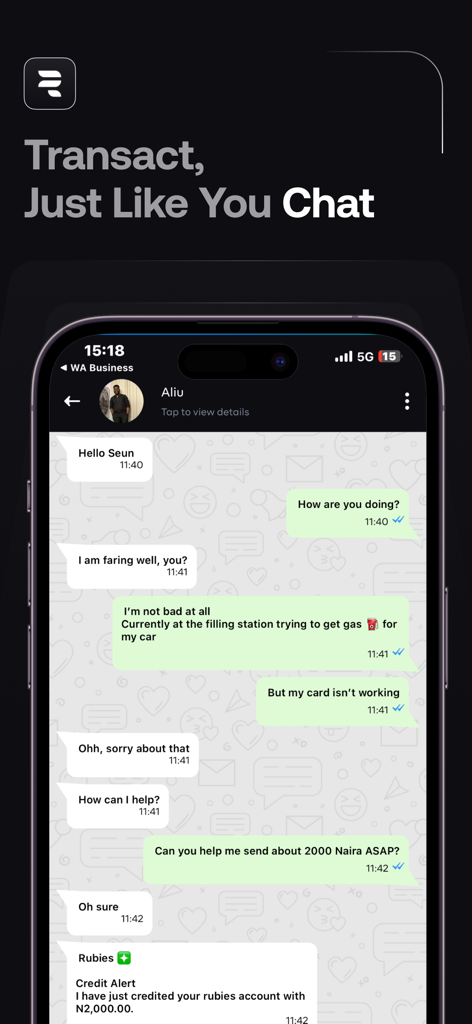 Rubies mobile app screenshot showing a chat interface where a user completes a bank transaction within a message thread