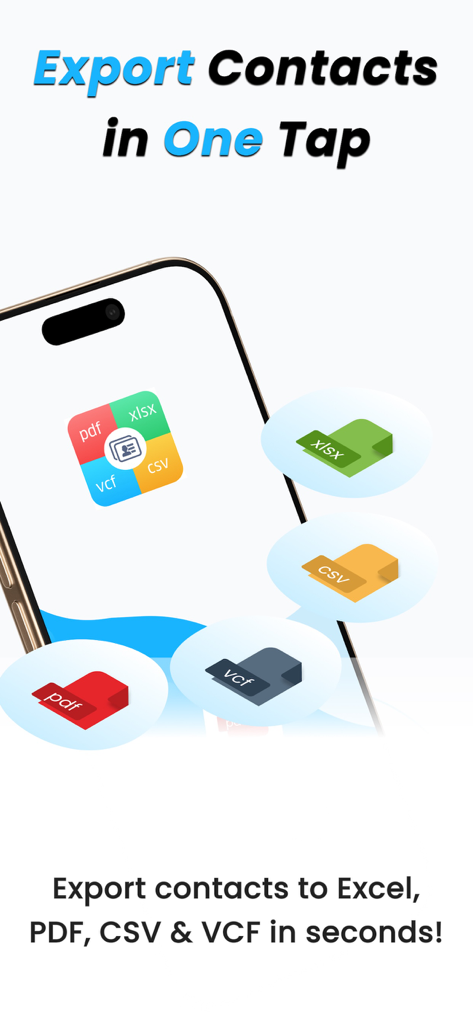 iPhone-Bildschirm, der die App-Oberfläche zum Exportieren von Kontakten in die Formate Excel, PDF, CSV und VCF anzeigt