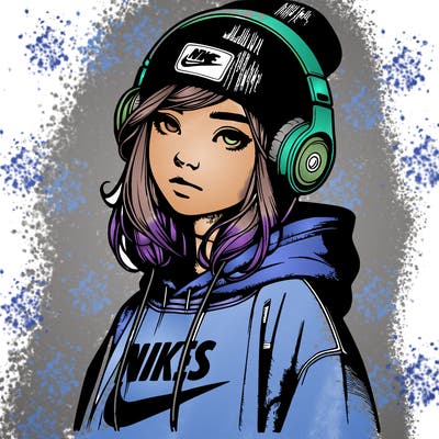 realistic girl wearing a hoodie and a beanie and headphones and nikes