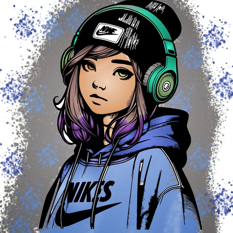 realistic girl wearing a hoodie and a beanie and headphones and nikes