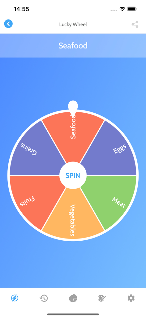 Random: Wheel & Randomizer - A colorful digital lucky wheel spinner in the Random app used to pick a meal category like seafood or meat