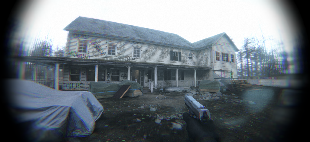 A first-person bodycam view of a player holding a gun outside a graffiti-covered wooden house.