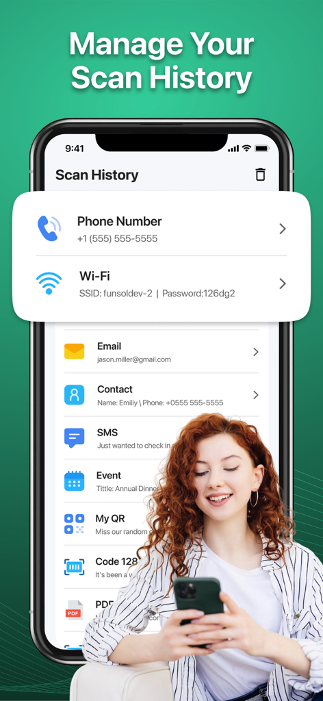 QR Code Scanner Pro - Scanify - A smartphone screen displaying the scan history page of the Scanify QR Code Scanner app with a list of previous scans including phone numbers and wifi details.