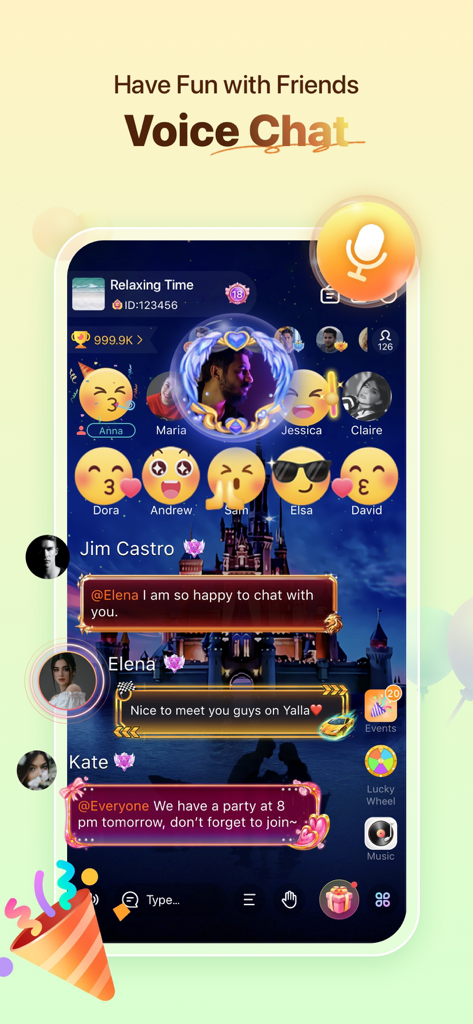 Mobile phone screen showing a Yalla group voice chat room with interactive user avatars and text messages