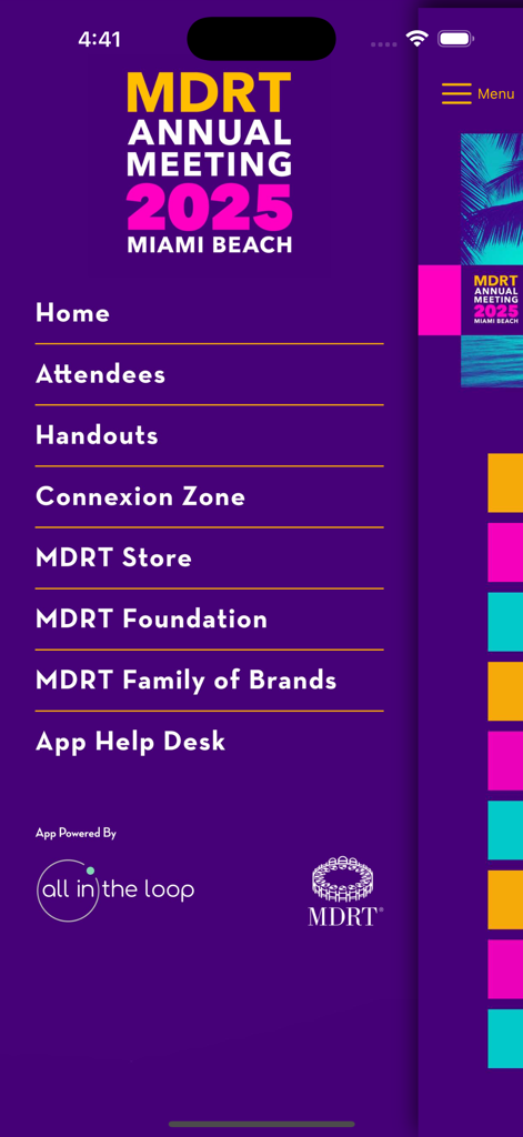 The navigation menu of the 2025 MDRT Annual Meeting app displaying various event categories