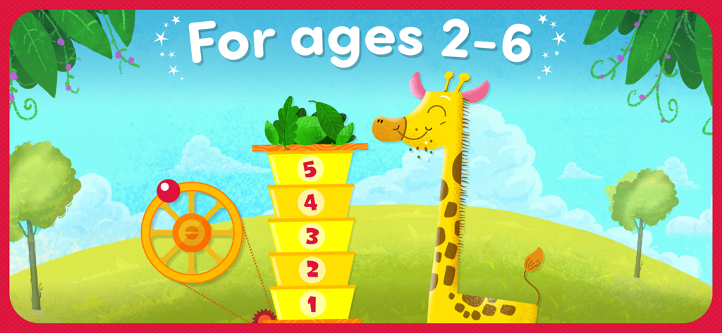 Toddler learning game showing a giraffe and numbered blocks for ages 2 to 6